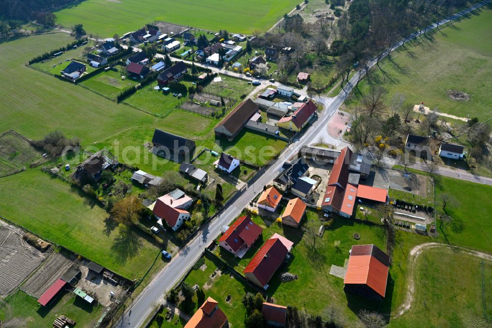 Benken from the bird's eye view: Agricultural land and field boundaries surround the settlement area of the village in Benken in the state Brandenburg, Germany