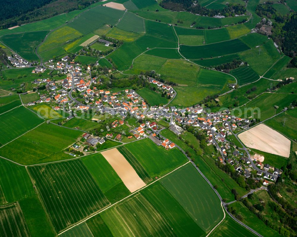 Aerial image Berfa - Agricultural land and field boundaries surround the settlement area of the village in Berfa in the state Hesse, Germany