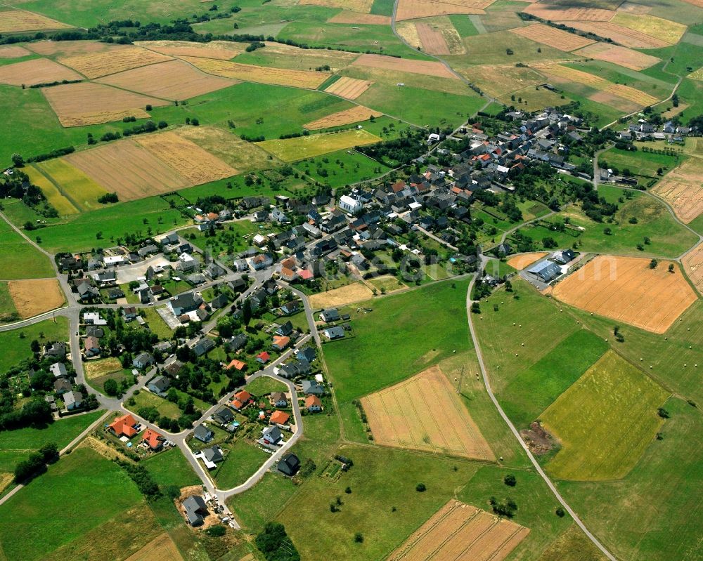 Bergen from above - Agricultural land and field boundaries surround the settlement area of the village in Bergen in the state Rhineland-Palatinate, Germany