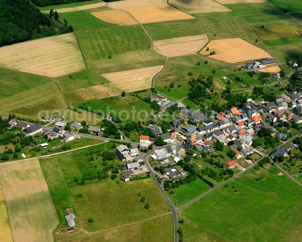 Bergen from above - Agricultural land and field boundaries surround the settlement area of the village in Bergen in the state Rhineland-Palatinate, Germany