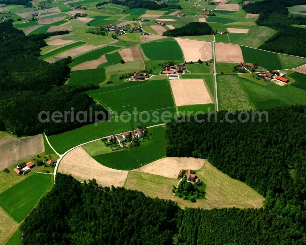 Aerial photograph Bergham - Agricultural land and field boundaries surround the settlement area of the village in Bergham in the state Bavaria, Germany