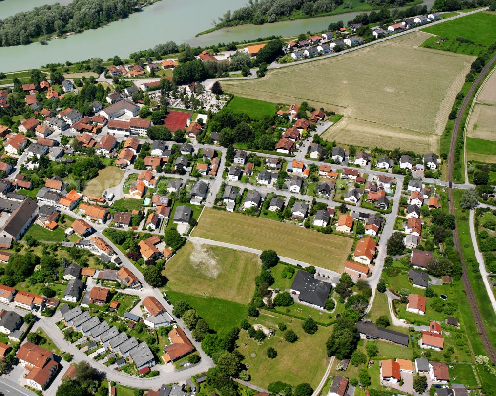 Aerial image Bergham - Agricultural land and field boundaries surround the settlement area of the village in Bergham in the state Bavaria, Germany