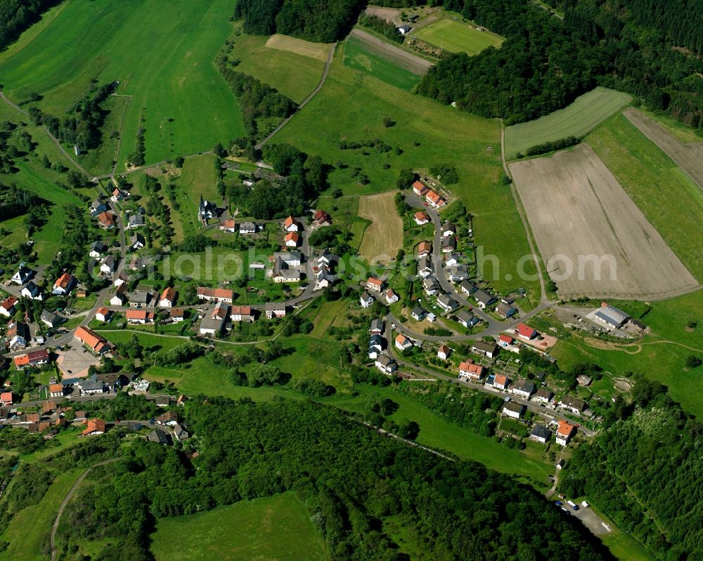 Aerial photograph Berglangenbach - Agricultural land and field boundaries surround the settlement area of the village in Berglangenbach in the state Rhineland-Palatinate, Germany