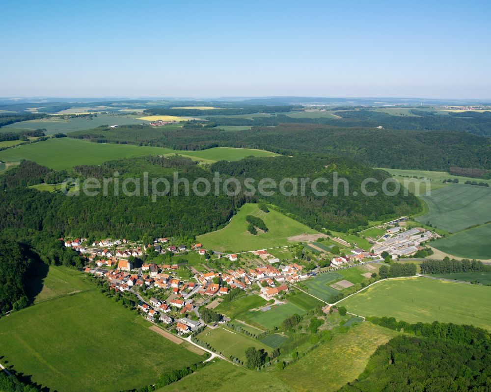 Bernterode (bei Heilbad Heiligenstadt) from above - Agricultural land and field boundaries surround the settlement area of the village in Bernterode (bei Heilbad Heiligenstadt) in the state Thuringia, Germany