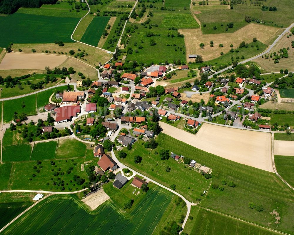 Aerial image Berwangen - Agricultural land and field boundaries surround the settlement area of the village in Berwangen in the state Baden-Wuerttemberg, Germany