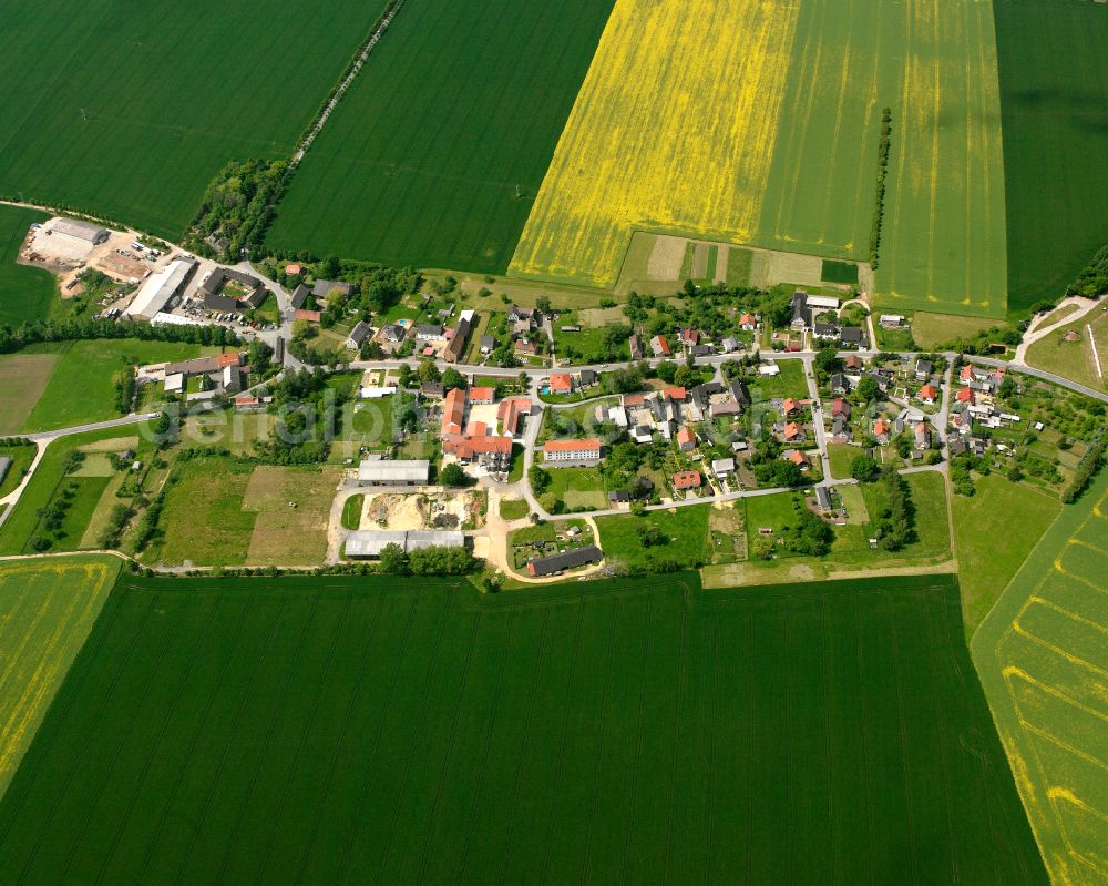 Bethenhausen from the bird's eye view: Agricultural land and field boundaries surround the settlement area of the village in Bethenhausen in the state Thuringia, Germany