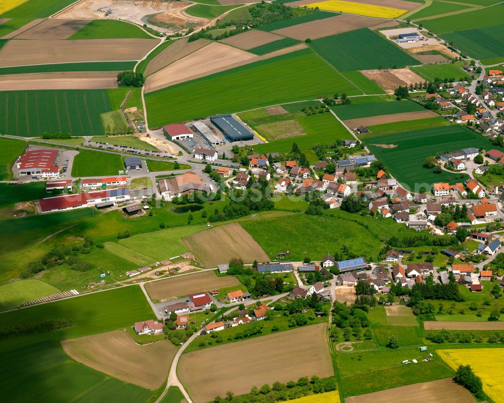 Aerial image Betzenweiler - Agricultural land and field boundaries surround the settlement area of the village in Betzenweiler in the state Baden-Wuerttemberg, Germany