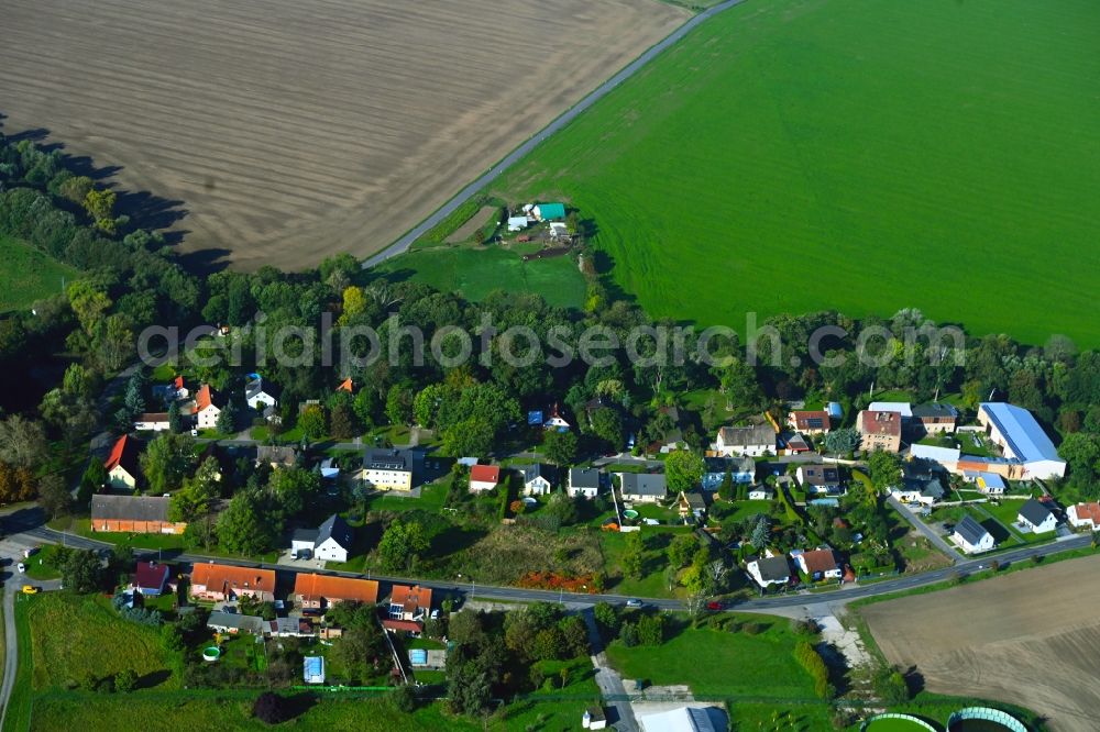 Beuden from above - Agricultural land and field boundaries surround the settlement area of the village in Beuden in the state Saxony, Germany