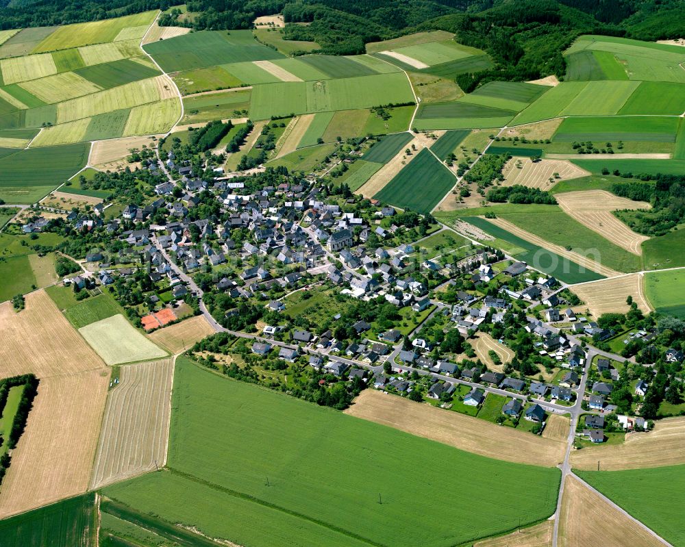 Aerial image Beulich - Agricultural land and field boundaries surround the settlement area of the village in Beulich in the state Rhineland-Palatinate, Germany