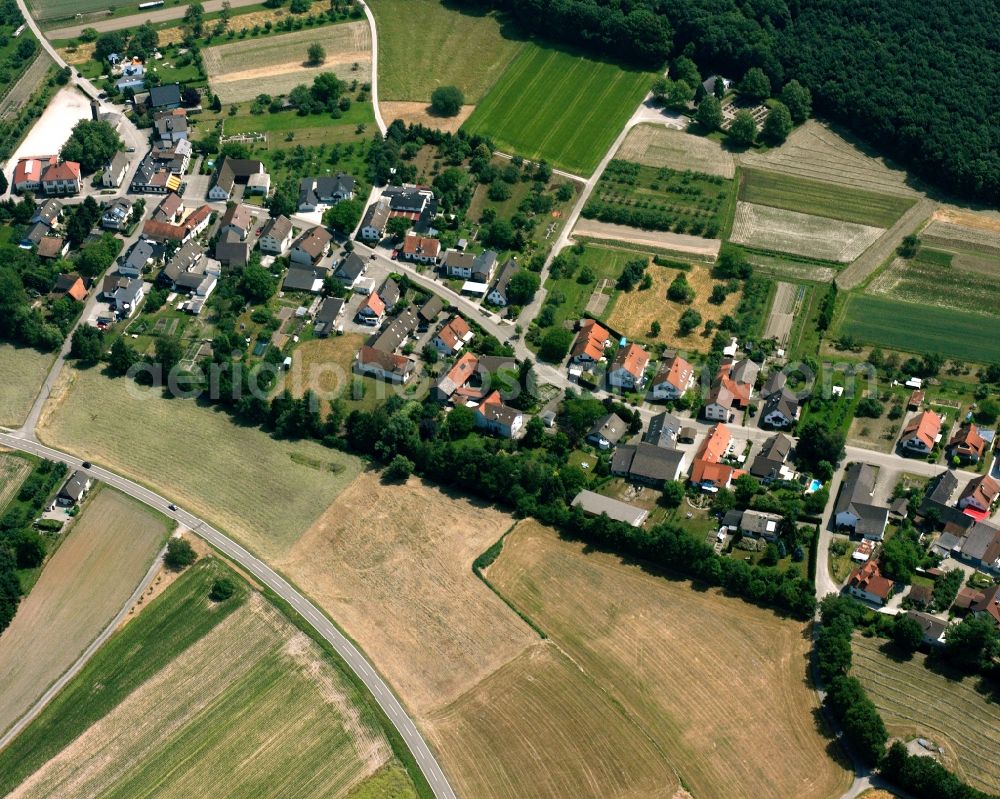 Aerial image Bühl - Agricultural land and field boundaries surround the settlement area of the village in Bühl in the state Baden-Wuerttemberg, Germany