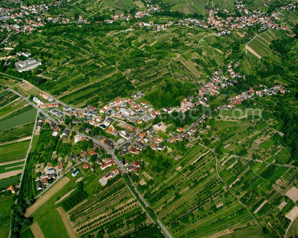 Bühl from the bird's eye view: Agricultural land and field boundaries surround the settlement area of the village in Bühl in the state Baden-Wuerttemberg, Germany