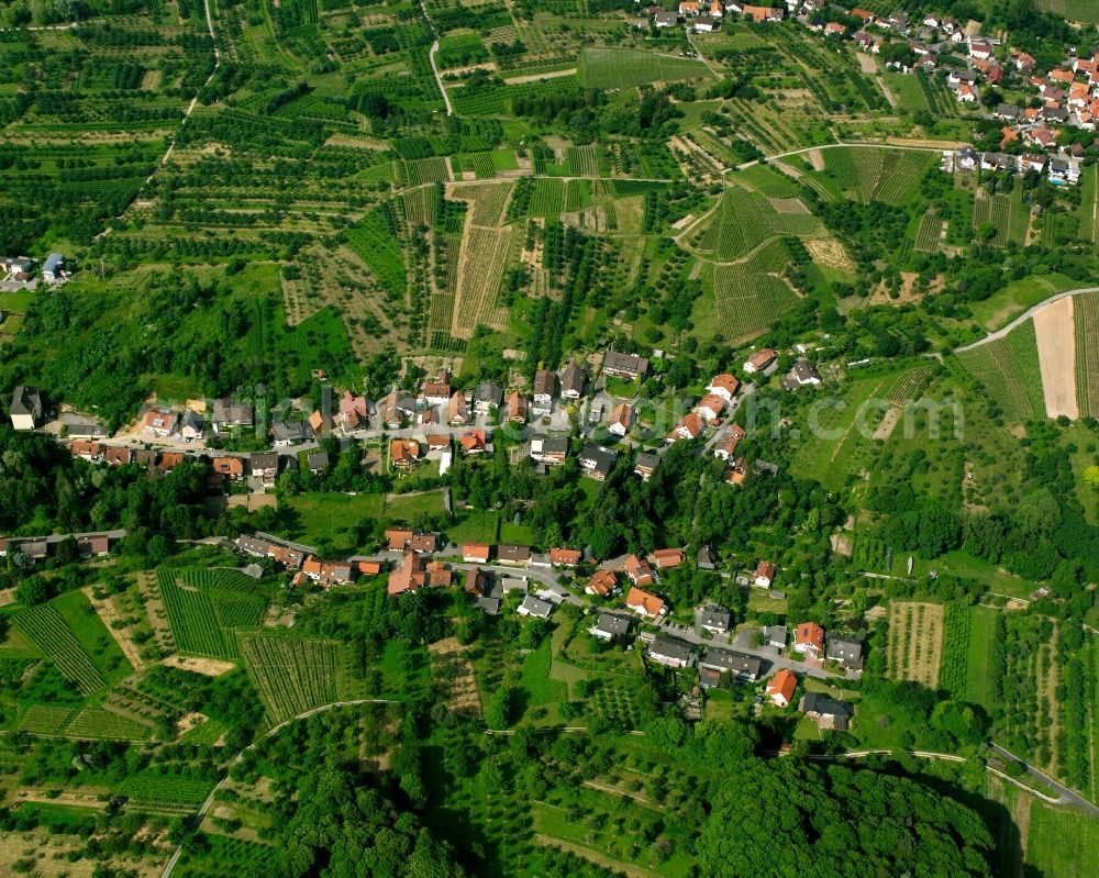 Aerial image Bühl - Agricultural land and field boundaries surround the settlement area of the village in Bühl in the state Baden-Wuerttemberg, Germany