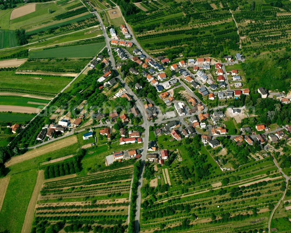 Aerial photograph Bühl - Agricultural land and field boundaries surround the settlement area of the village in Bühl in the state Baden-Wuerttemberg, Germany