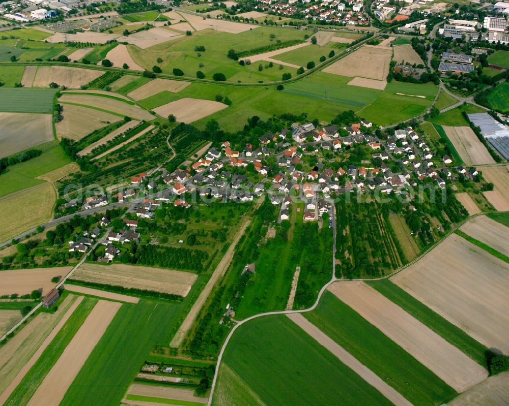 Aerial image Bühl - Agricultural land and field boundaries surround the settlement area of the village in Bühl in the state Baden-Wuerttemberg, Germany