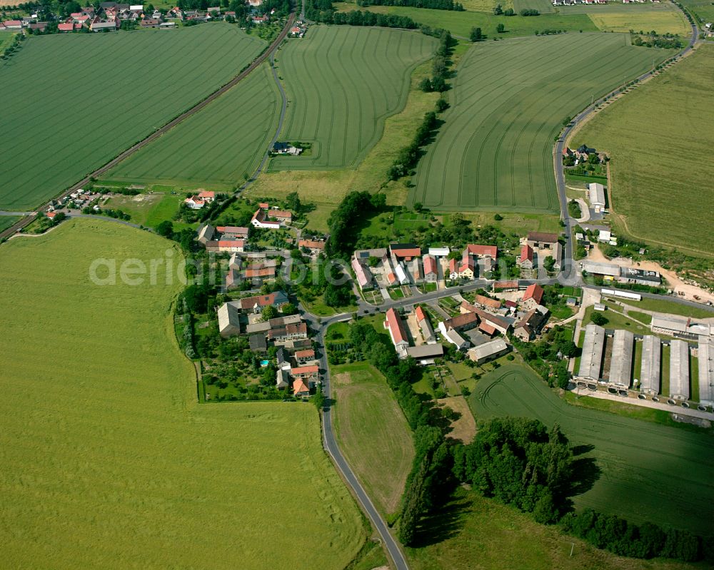 Böhla Bahnhof from above - Agricultural land and field boundaries surround the settlement area of the village in Böhla Bahnhof in the state Saxony, Germany