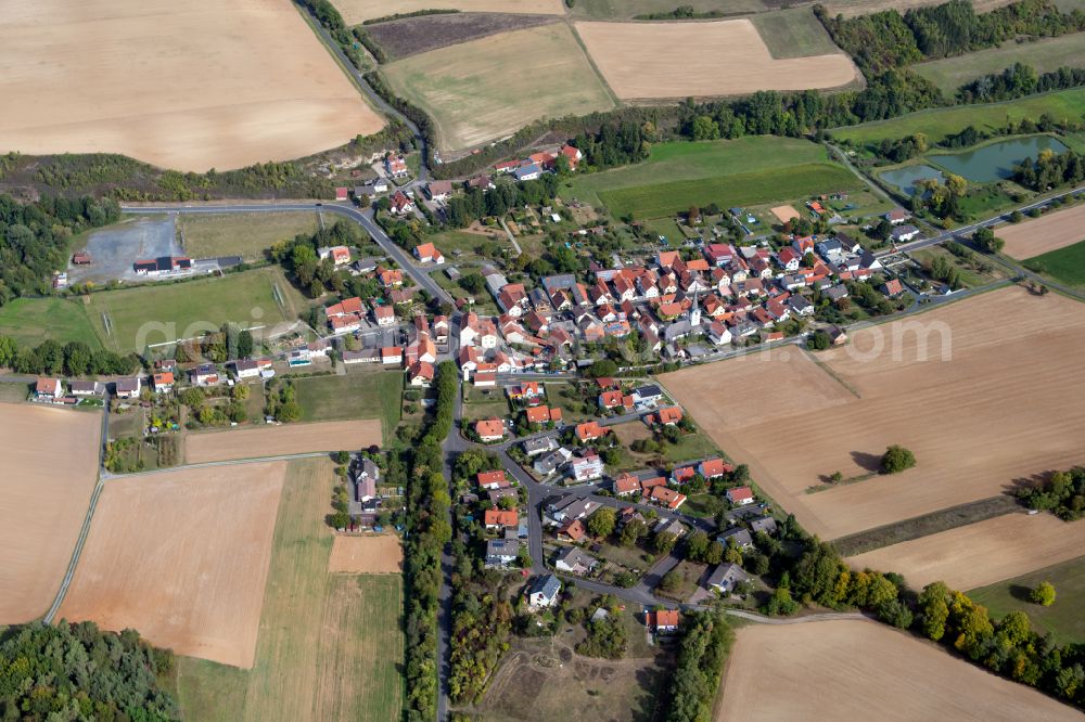 Bühler from the bird's eye view: Agricultural land and field boundaries surround the settlement area of the village in Bühler in the state Bavaria, Germany