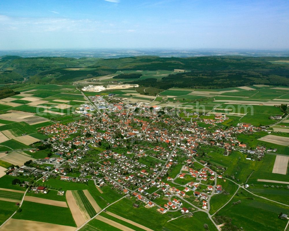 Aerial image Böhmenkirch - Agricultural land and field boundaries surround the settlement area of the village in Böhmenkirch in the state Baden-Wuerttemberg, Germany