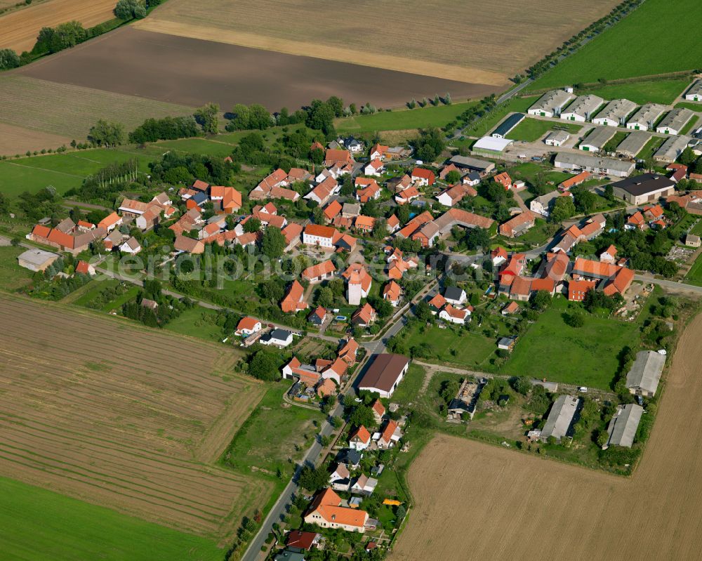 Bühne from the bird's eye view: Agricultural land and field boundaries surround the settlement area of the village in Buehne in the state Saxony-Anhalt, Germany