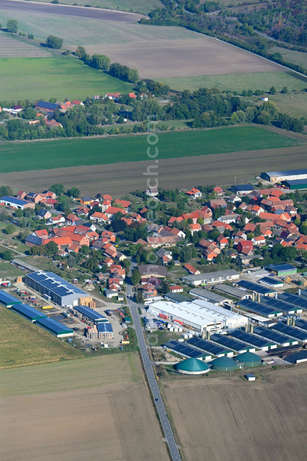 Aerial photograph Bühne - Agricultural land and field boundaries surround the settlement area of the village in Buehne in the state Saxony-Anhalt, Germany