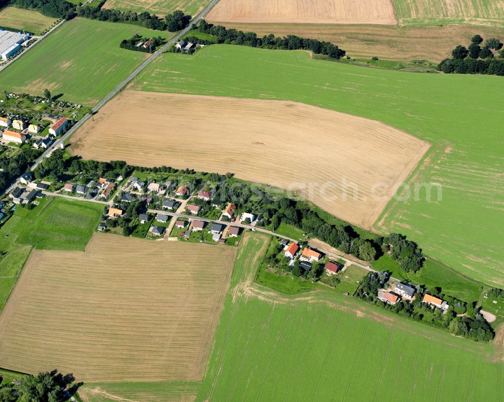 Böhrigen from above - Agricultural land and field boundaries surround the settlement area of the village in Böhrigen in the state Saxony, Germany