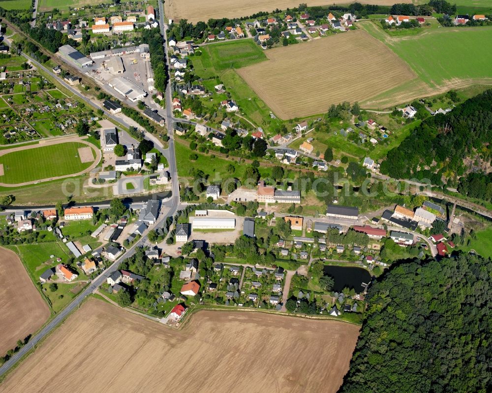 Böhrigen from the bird's eye view: Agricultural land and field boundaries surround the settlement area of the village in Böhrigen in the state Saxony, Germany