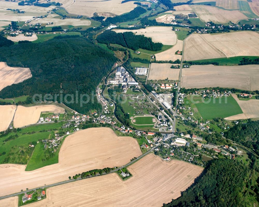 Böhrigen from the bird's eye view: Agricultural land and field boundaries surround the settlement area of the village in Böhrigen in the state Saxony, Germany