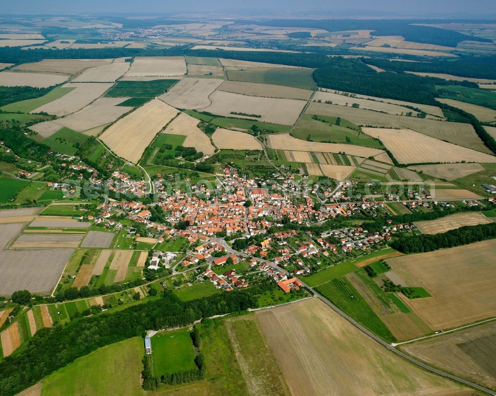 Aerial image Bickenriede - Agricultural land and field boundaries surround the settlement area of the village in Bickenriede in the state Thuringia, Germany