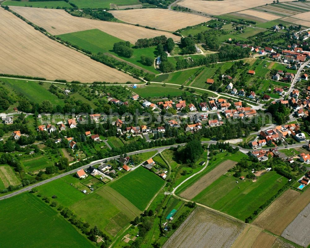 Bickenriede from the bird's eye view: Agricultural land and field boundaries surround the settlement area of the village in Bickenriede in the state Thuringia, Germany