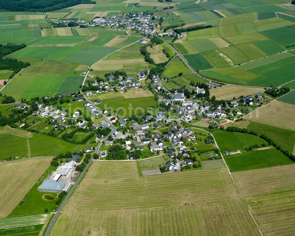 Biebern from above - Agricultural land and field boundaries surround the settlement area of the village in Biebern in the state Rhineland-Palatinate, Germany