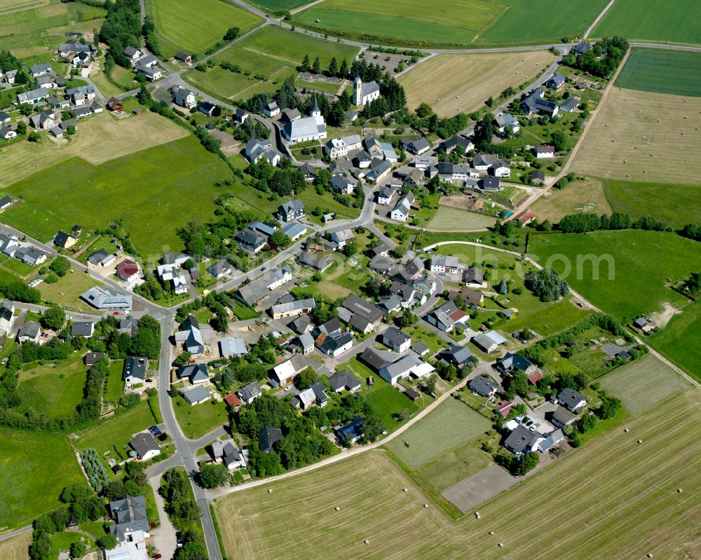 Aerial image Biebern - Agricultural land and field boundaries surround the settlement area of the village in Biebern in the state Rhineland-Palatinate, Germany