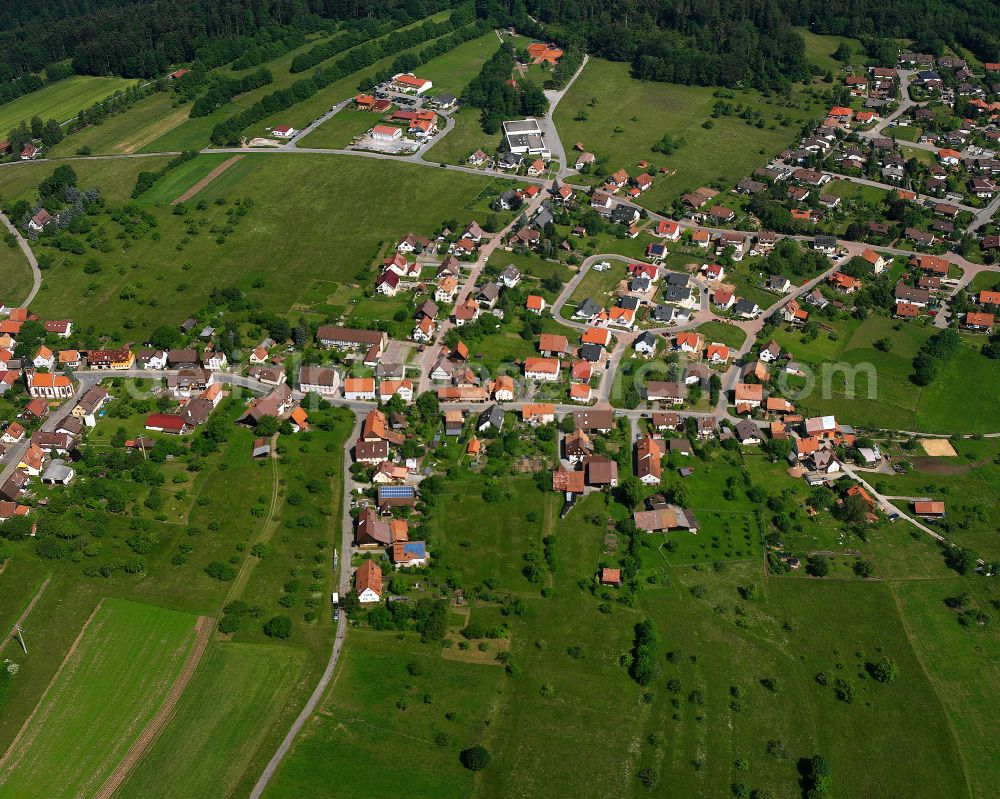 Bieselsberg from the bird's eye view: Agricultural land and field boundaries surround the settlement area of the village in Bieselsberg in the state Baden-Wuerttemberg, Germany