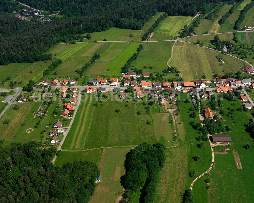 Aerial photograph Bieselsberg - Agricultural land and field boundaries surround the settlement area of the village in Bieselsberg in the state Baden-Wuerttemberg, Germany