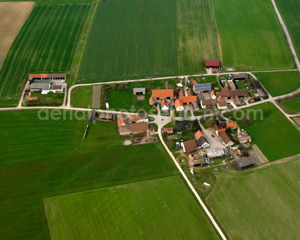 Birkach from the bird's eye view: Agricultural land and field boundaries surround the settlement area of the village in Birkach in the state Bavaria, Germany