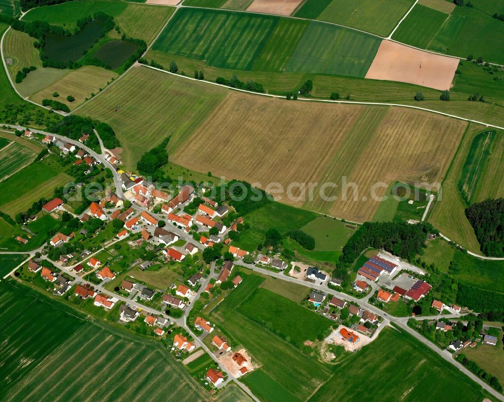 Birkach from the bird's eye view: Agricultural land and field boundaries surround the settlement area of the village in Birkach in the state Bavaria, Germany