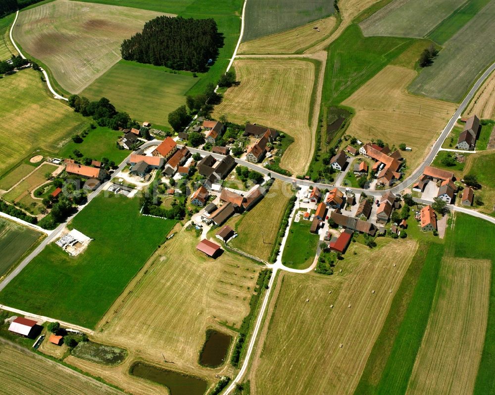 Birkach from the bird's eye view: Agricultural land and field boundaries surround the settlement area of the village in Birkach in the state Bavaria, Germany