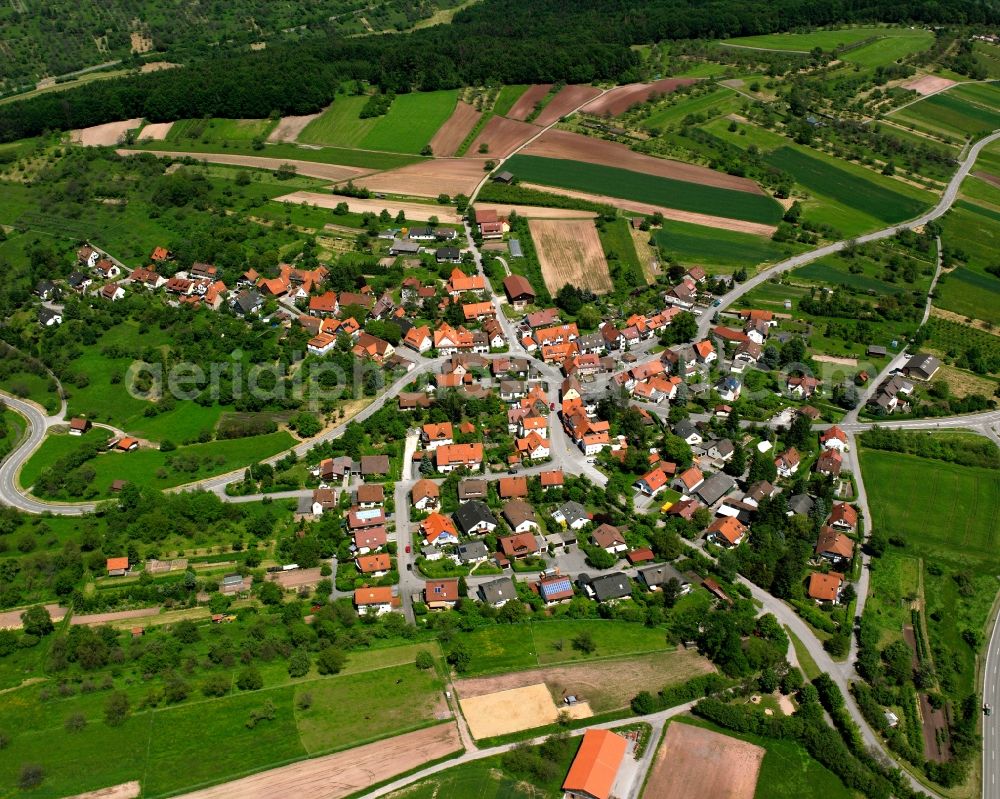 Birkenweißbuch from the bird's eye view: Agricultural land and field boundaries surround the settlement area of the village in Birkenweißbuch in the state Baden-Wuerttemberg, Germany