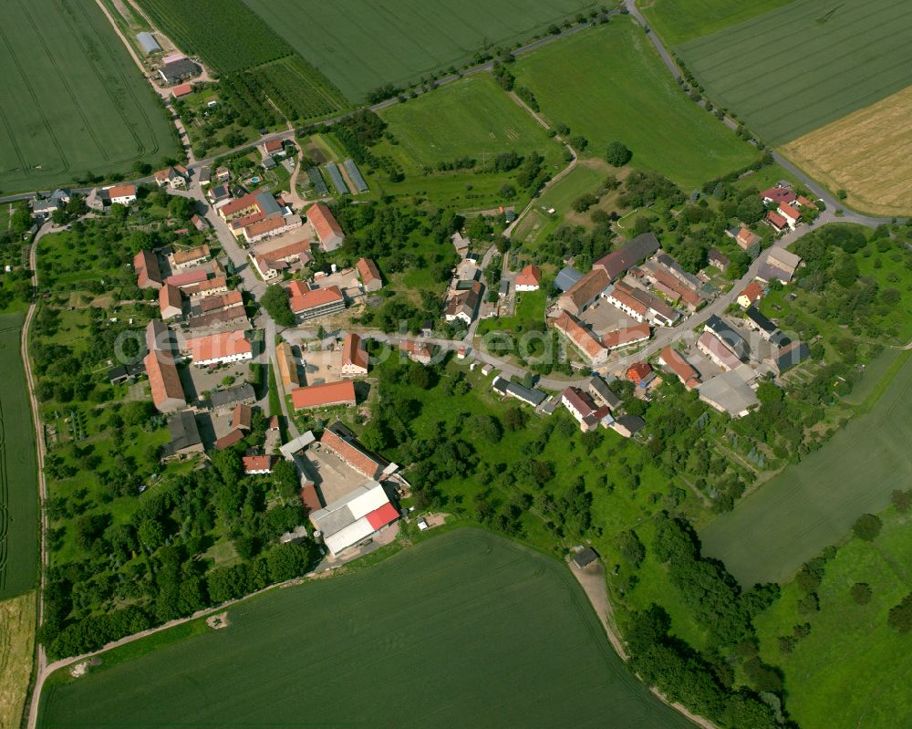 Blattersleben from above - Agricultural land and field boundaries surround the settlement area of the village in Blattersleben in the state Saxony, Germany