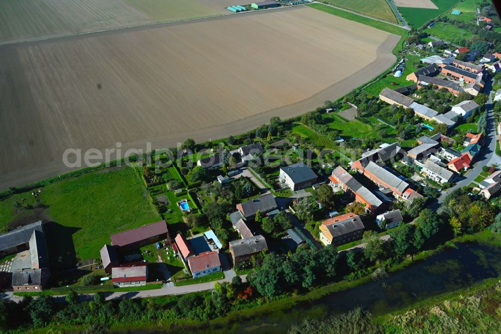 Aerial photograph Bleddin - Agricultural land and field boundaries surround the settlement area of the village in Bleddin in the state Saxony-Anhalt, Germany