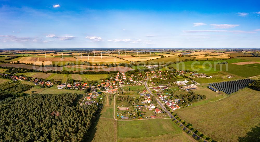 Bliesdorf from above - Agricultural land and field boundaries surround the settlement area of the village in Bliesdorf in the state Brandenburg, Germany