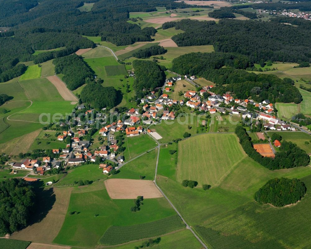 Aerial photograph Böllstein - Agricultural land and field boundaries surround the settlement area of the village in Böllstein in the state Hesse, Germany