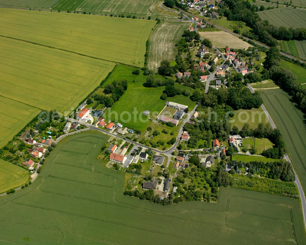 Aerial image Bloßwitz - Agricultural land and field boundaries surround the settlement area of the village in Bloßwitz in the state Saxony, Germany