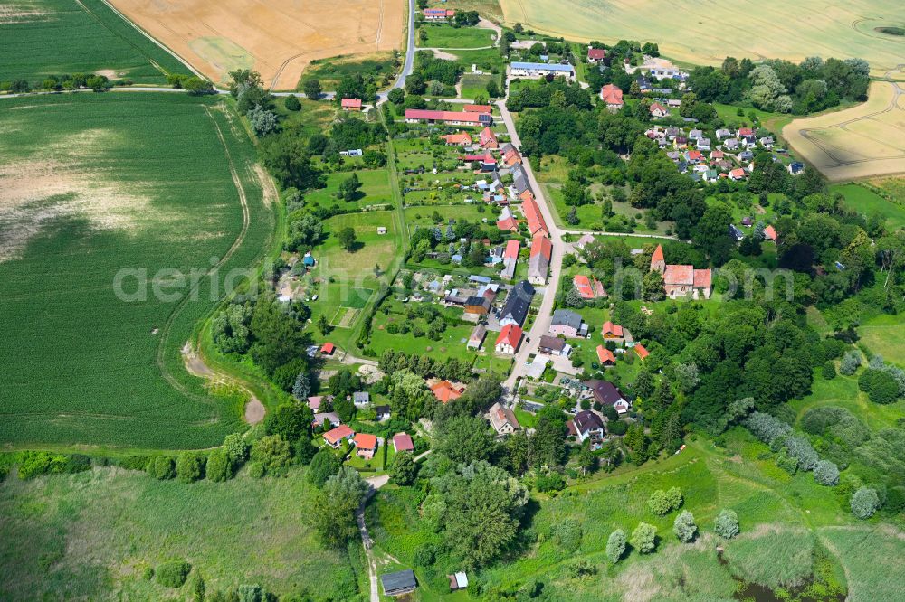 Bülow from above - Agricultural land and field boundaries surround the settlement area of the village in Bülow in the state Mecklenburg - Western Pomerania, Germany