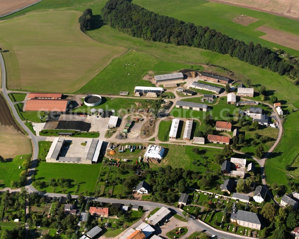 Bockendorf from above - Agricultural land and field boundaries surround the settlement area of the village in Bockendorf in the state Saxony, Germany