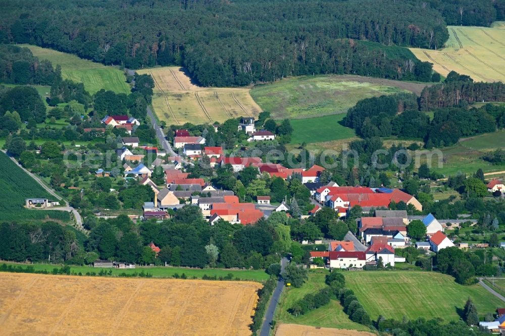 Bockwitz from above - Agricultural land and field boundaries surround the settlement area of the village in Bockwitz in the state Saxony, Germany