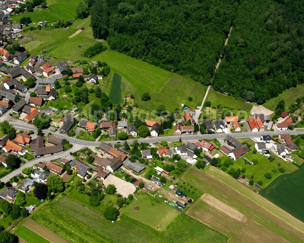 Bodersweier from the bird's eye view: Agricultural land and field boundaries surround the settlement area of the village in Bodersweier in the state Baden-Wuerttemberg, Germany