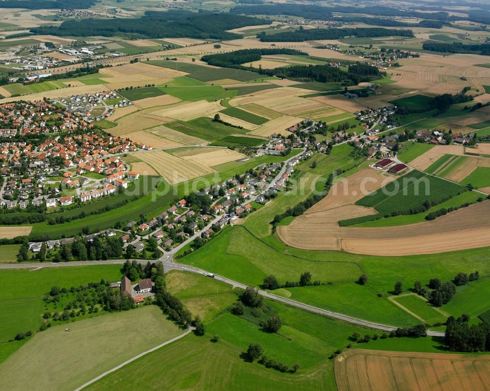 Bogenweiler from the bird's eye view: Agricultural land and field boundaries surround the settlement area of the village in Bogenweiler in the state Baden-Wuerttemberg, Germany