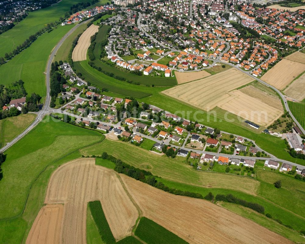 Aerial image Bogenweiler - Agricultural land and field boundaries surround the settlement area of the village in Bogenweiler in the state Baden-Wuerttemberg, Germany