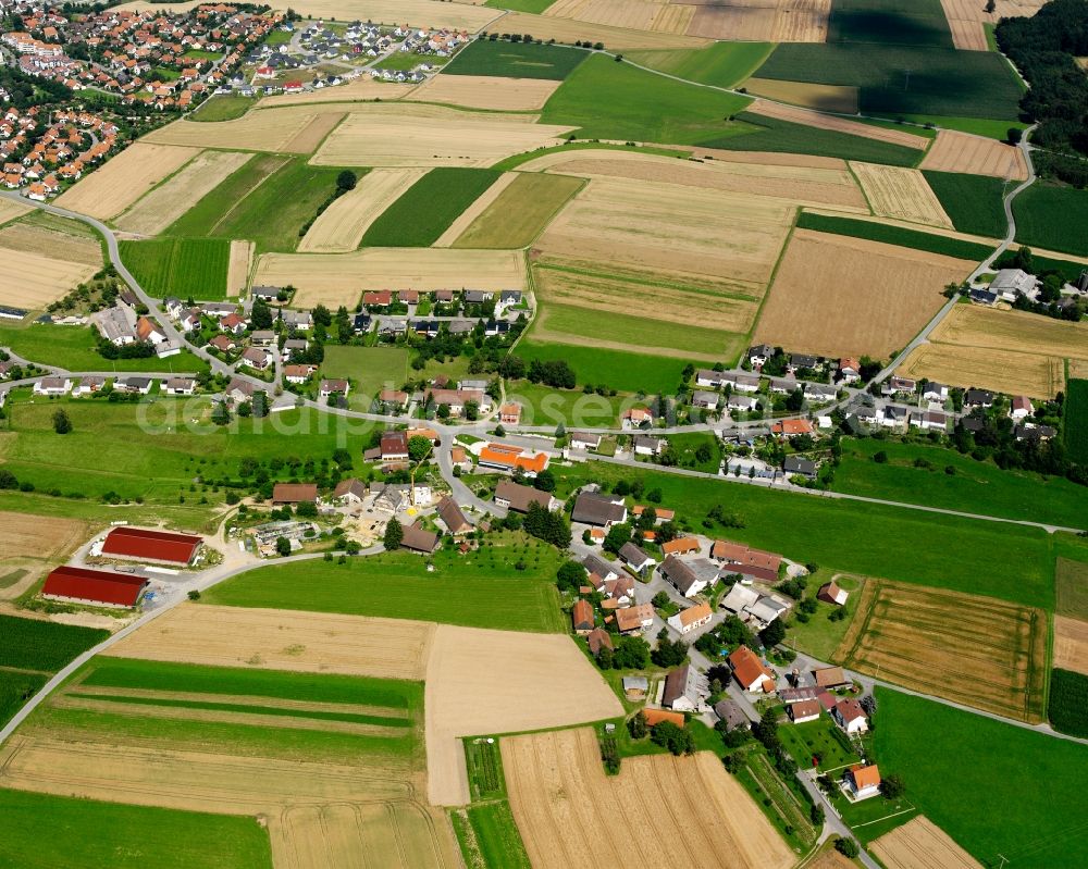 Aerial photograph Bogenweiler - Agricultural land and field boundaries surround the settlement area of the village in Bogenweiler in the state Baden-Wuerttemberg, Germany