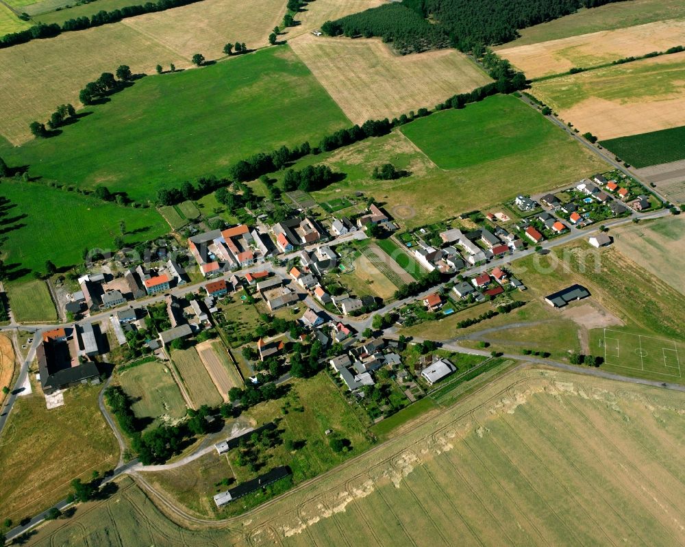 Bone from the bird's eye view: Agricultural land and field boundaries surround the settlement area of the village in Bone in the state Saxony-Anhalt, Germany