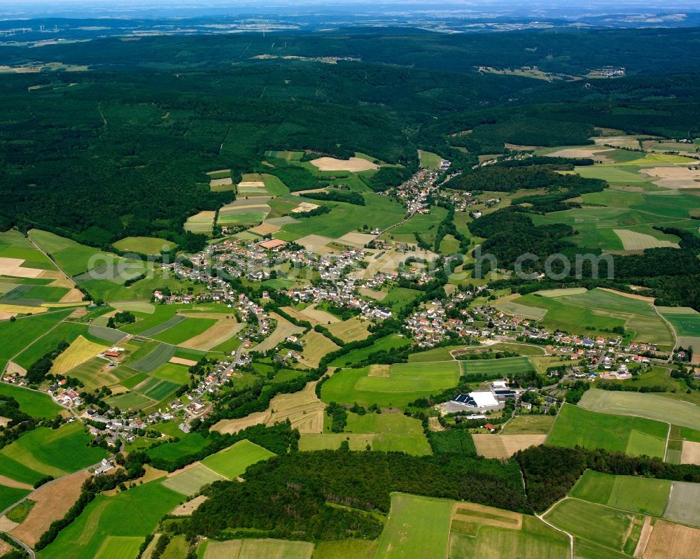 Brücken from above - Agricultural land and field boundaries surround the settlement area of the village in Brücken in the state Rhineland-Palatinate, Germany